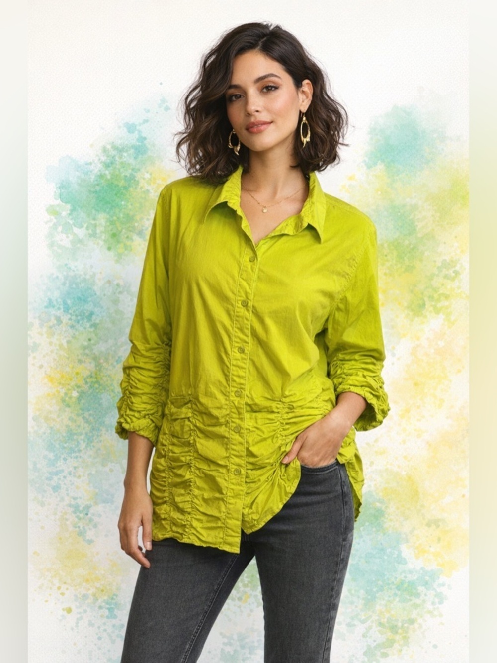 Ruched Neon Chartreuse Button Up Shirt L Stretch Y2K Cotton Statement slimming